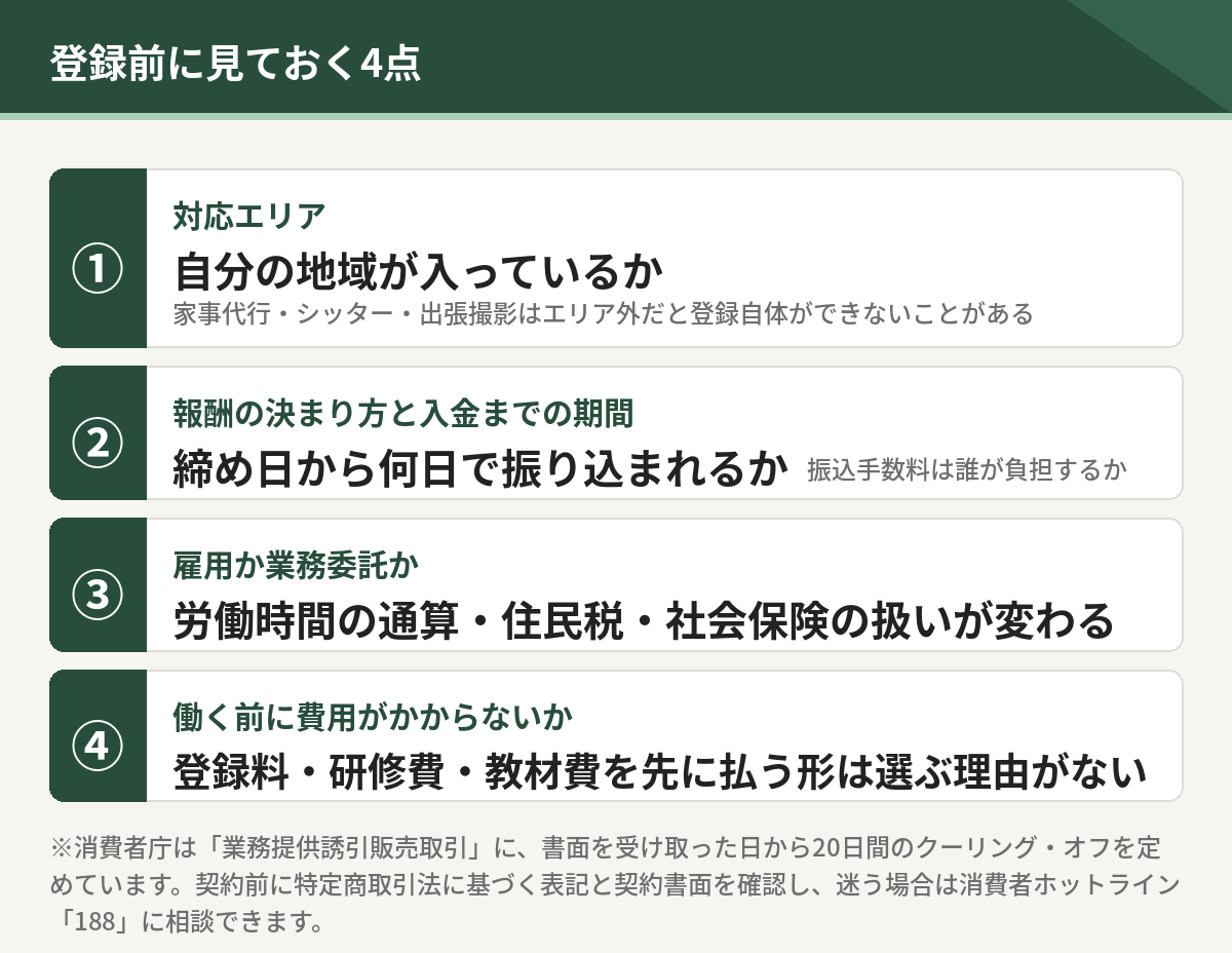 登録前に見ておく4点。対応エリア、報酬の決まり方と入金までの期間、雇用か業務委託か、働く前に費用がかからないか
